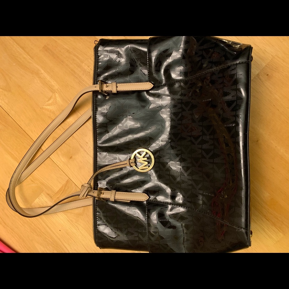Michael Kors black patent leather tote bag